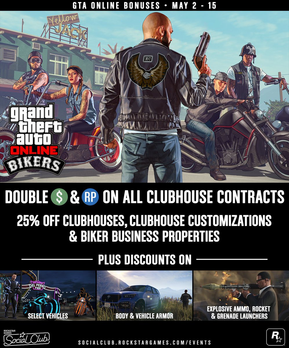 RockstarGames's tweet photo. Get Double GTA$ and RP on all Clubhouse Contracts in #GTAOnline

Also 25% off Biker Properties, Vehicles and more: https://t.co/u5CGZbgjfr https://t.co/Kq86AS7Ybs