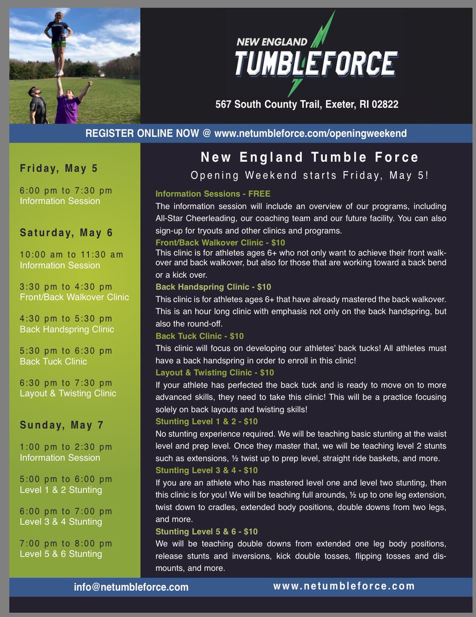 NETumbleForce's tweet image. Opening weekend activities! Come join us! #netf #southernri #cheerleading #tumbling #stunting