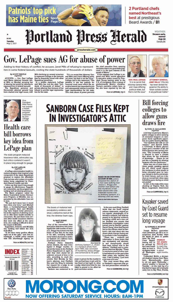 Today's Portland Press Herald front page, Tuesday, May 2, 2017