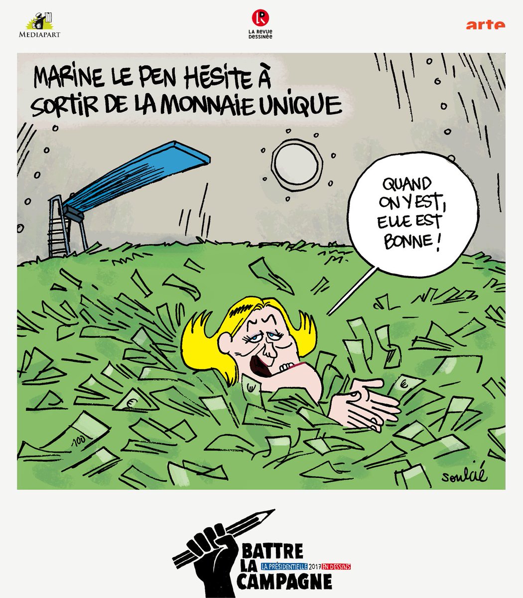 Le Pen hésite à sortir de la monnaie unique. (Par @tsoulcie pour @2017endessins)