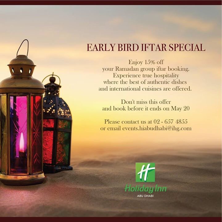 HolidayInnAUH's tweet photo. Plan your private Iftars and Sohours now at Holiday Inn Abu Dhabi and get 15% off on your chosen menu. https://t.co/Z6wD4XQArt