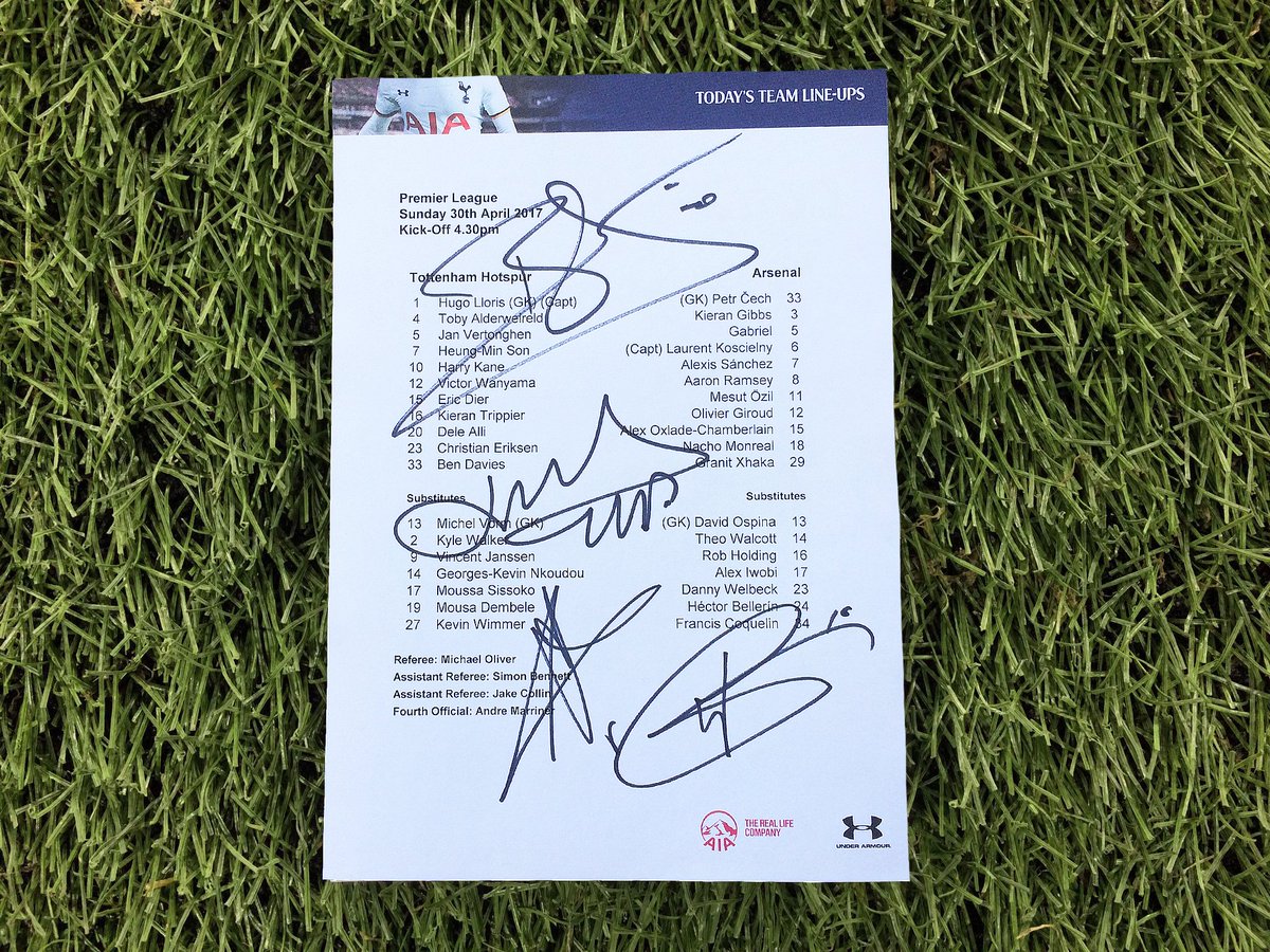 RT and follow <a href="/SpursOfficial/">Tottenham Hotspur</a> to win a teamsheet from the north London derby signed by @Dele_Alli, <a href="/HKane/">Harry Kane</a>, <a href="/JanVertonghen/">Jan Vertonghen</a> and Mauricio! #COYS
