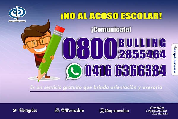 lortegadiaz's tweet image. En casos de #AcosoEscolar el MP pone a disposición de la ciudadanía la línea 0800BULLING y un servicio de mensajería por WhatsApp