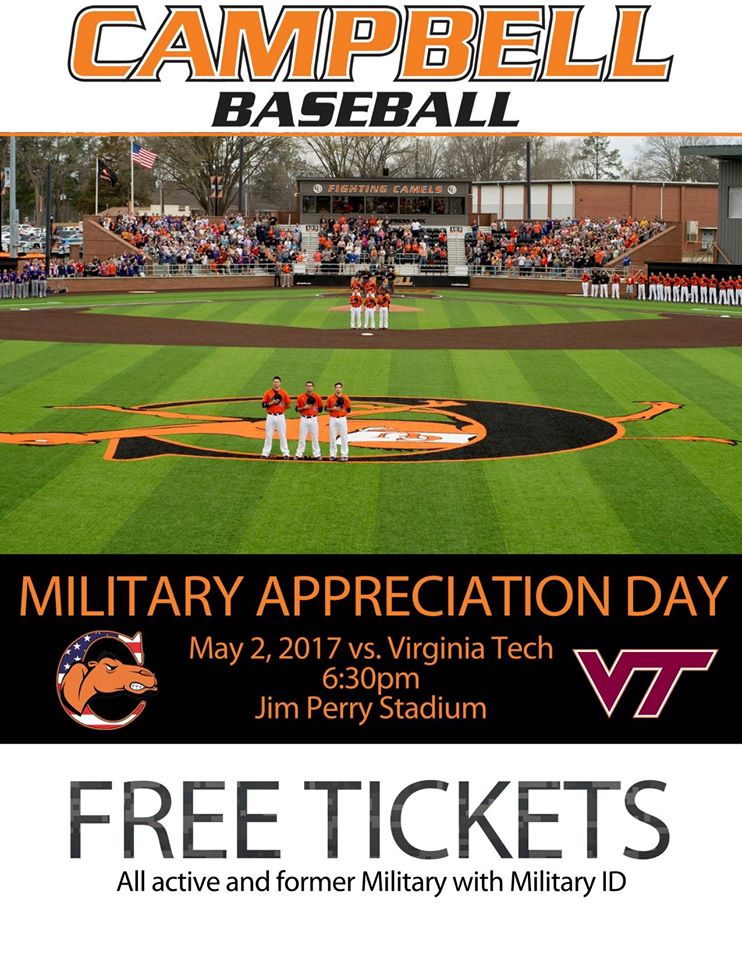 Come out &amp; support @GOCamelsBSB vs. Virginia Tech 6:30 PM for Military Appreciation Day! FREE admission w/ military ID. #rollhumps