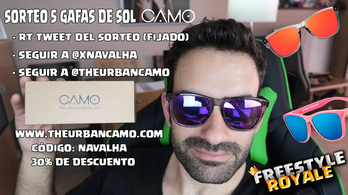 ➡️Sorteo 5 gafas de sol CAMO 😎
    🔹RT
    🔹Seguir <a href="/xNavalha/">Navalha</a>
    🔹Seguir @theurbancamo 
Código 30% desc.: navalha

youtube.com/watch?v=VNO3HH…