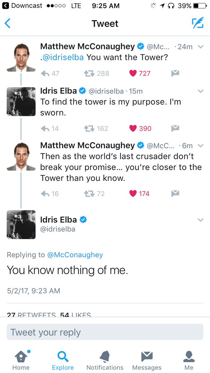 112263GSMPod's tweet photo. Great to see @McConaughey and @idriselba playing it up on twitter this morning, getting ready for #StephenKing's #DarkTowerMovie! https://t.co/3lmL2TRoJd