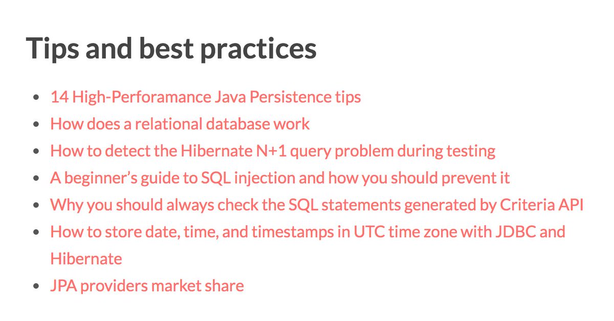 java's tweet image. 120 + High-Performance #Hibernate tutorials by 

@vlad_mihalcea 

vladmihalcea.com/tutorials/hibe…