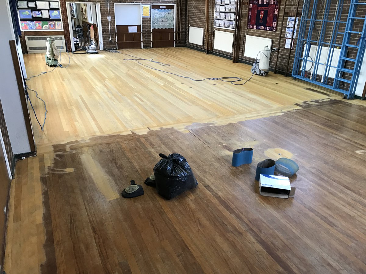 Iroko school floor being refinished