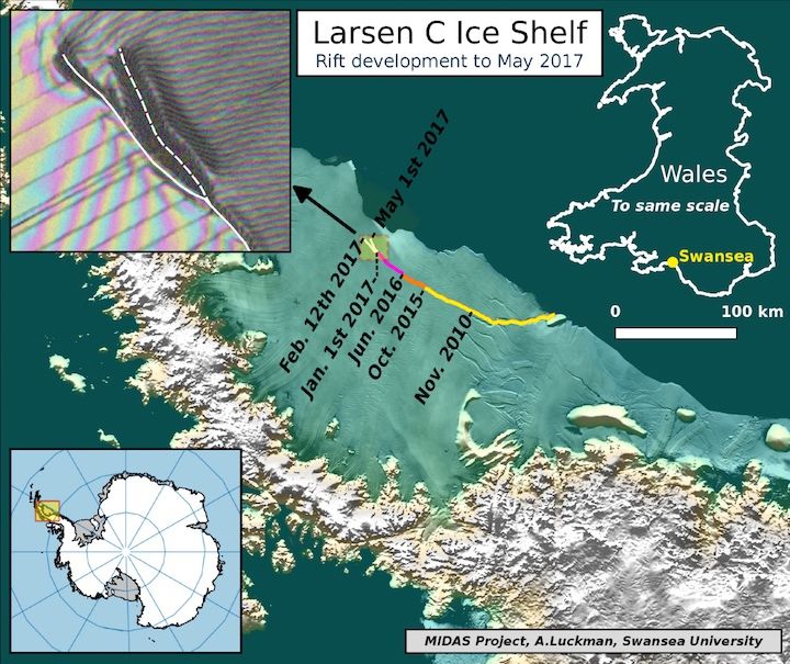 ClimateCentral's tweet image. The massive Larsen C ice shelf crack just sprouted a new branch buff.ly/2oUT78I