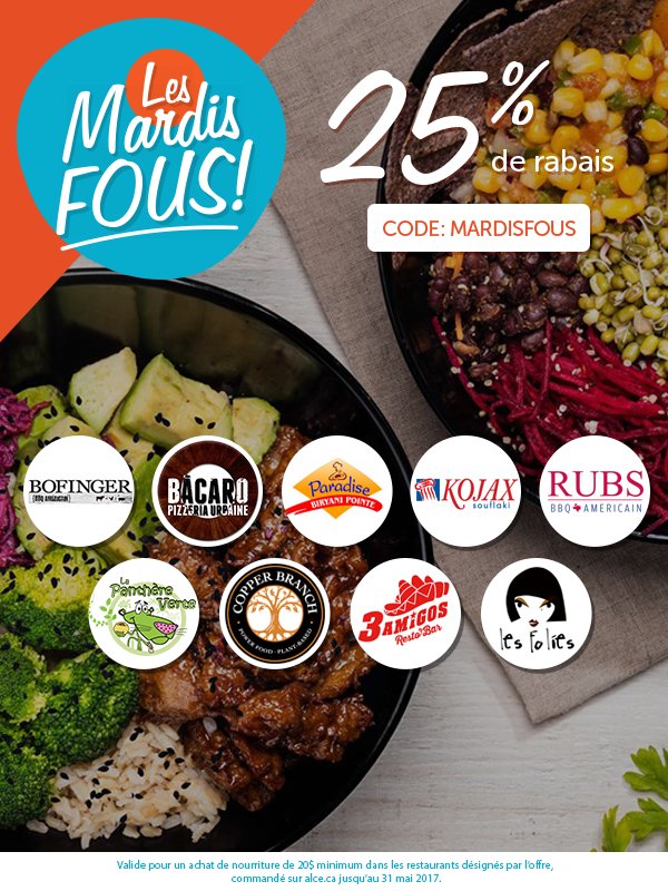 ALaCarteExpress's tweet photo. Les Mardis Fous à 25% de rabais se poursuivent durant tout le mois de mai! Utilisez le code promo MARDISFOUS au https://t.co/7d8eSdMLgO ! https://t.co/eXPvx99mJv