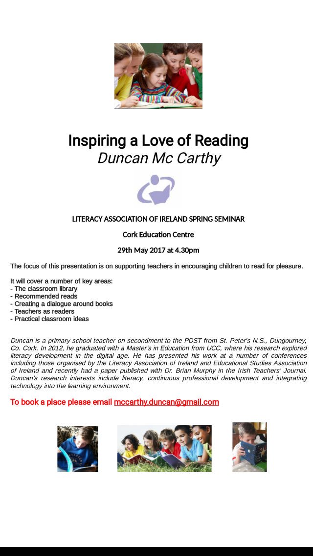 Duncan Mc Carthy On Twitter I M Hosting A Free Seminar For Literacyirl In Cork Cesc Inspiring A Love Of Reading Check Booking Details Below Edchatie Https T Co Lzksbzhgdj