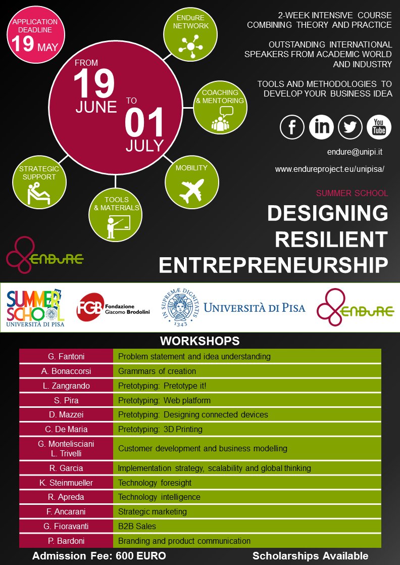 EndureProject's tweet image. #SummerSchool on Designing Resilient #Entrepreneurship. #scolarship available Read more: endureproject.eu/unipisa
