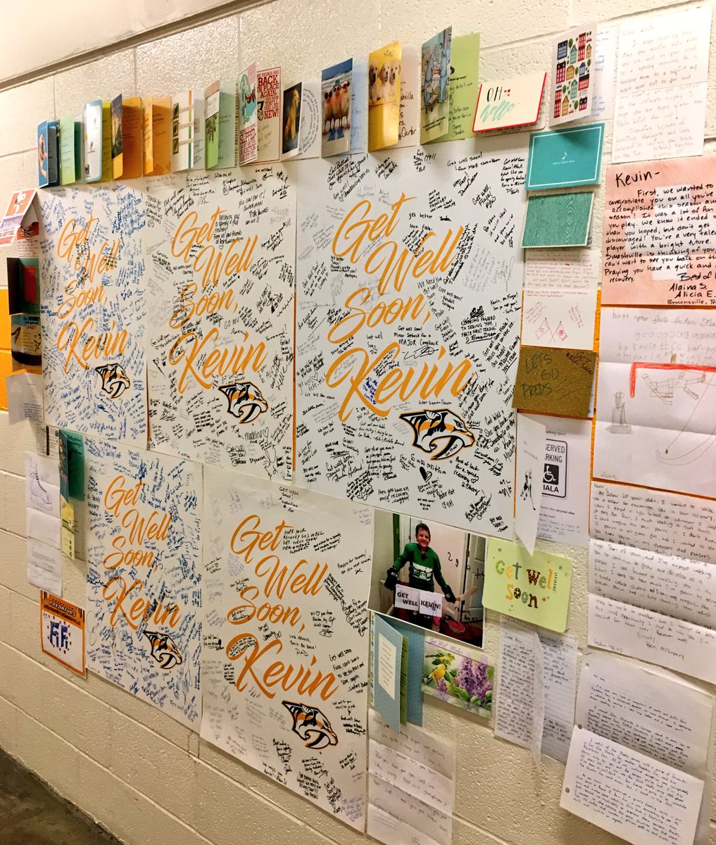 The "Fiala Wall" is filling up with well wishes from #Smashville! Don't forget you can send a card too! Address in next tweet. #PredsPride