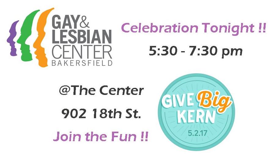 thecenterbak's tweet photo. Come by the Gay &amp; Lesbian Center of Bakersfield tonight from 5:30 pm - 7:30 pm for our #givebigkern mixer ! Thank you for all your support 😊 https://t.co/cZJeCuI8xE