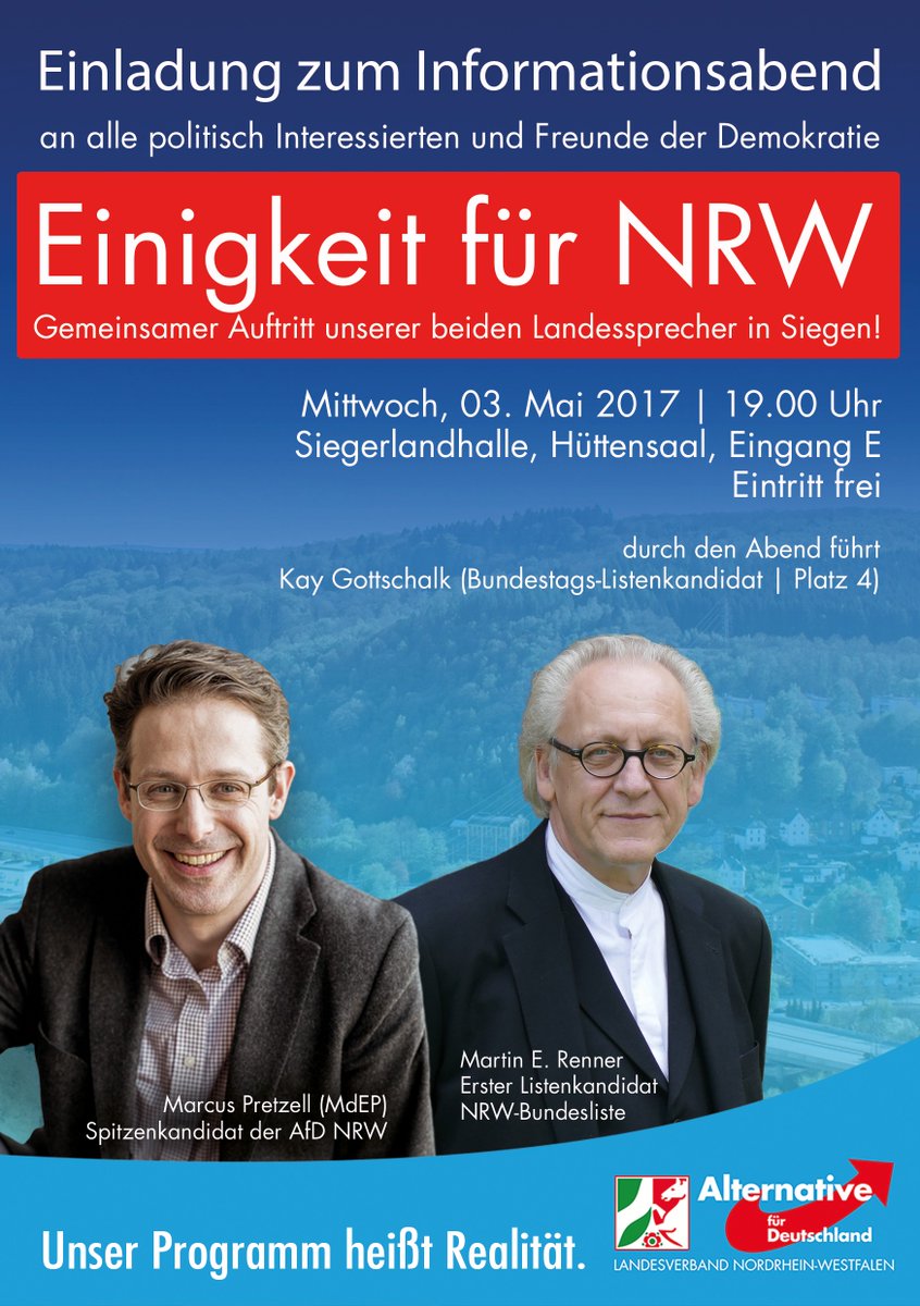 Heute in #Siegen: EINIGKEIT für #NRW! Mit <a href="/MarcusPretzell/">Marcus Pretzell 🥨 🇦🇷</a> &amp; @KayGottschalk1. |<a href="/Siegen_AfD/">AfD KV Siegen</a> <a href="/AfD_Bund/">Alternative für DE</a> @AfDKompakt #AfD #tvduell #LtwNRW #Btw17
