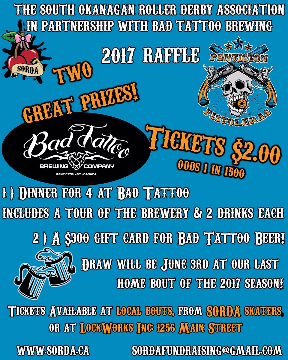 Penticton Pistoleras (@pistolerasrdc) on Twitter photo Have you heard about our awesome raffle #Penticton #rollerderby <a href="/BTBrewing/">Bad Tattoo Brewing</a> has offered up 2 great prizes! Have you heard about our awesome raffle #Penticton #rollerderby <a href="/BTBrewing/">Bad Tattoo Brewing</a> has offered up 2 great prizes!