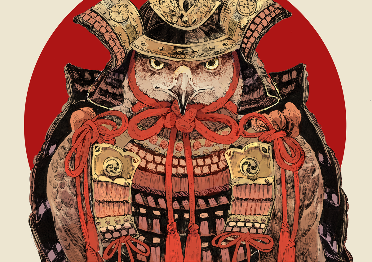 japanese armor armor helmet yellow eyes kabuto (helmet) shoulder armor solo  illustration images