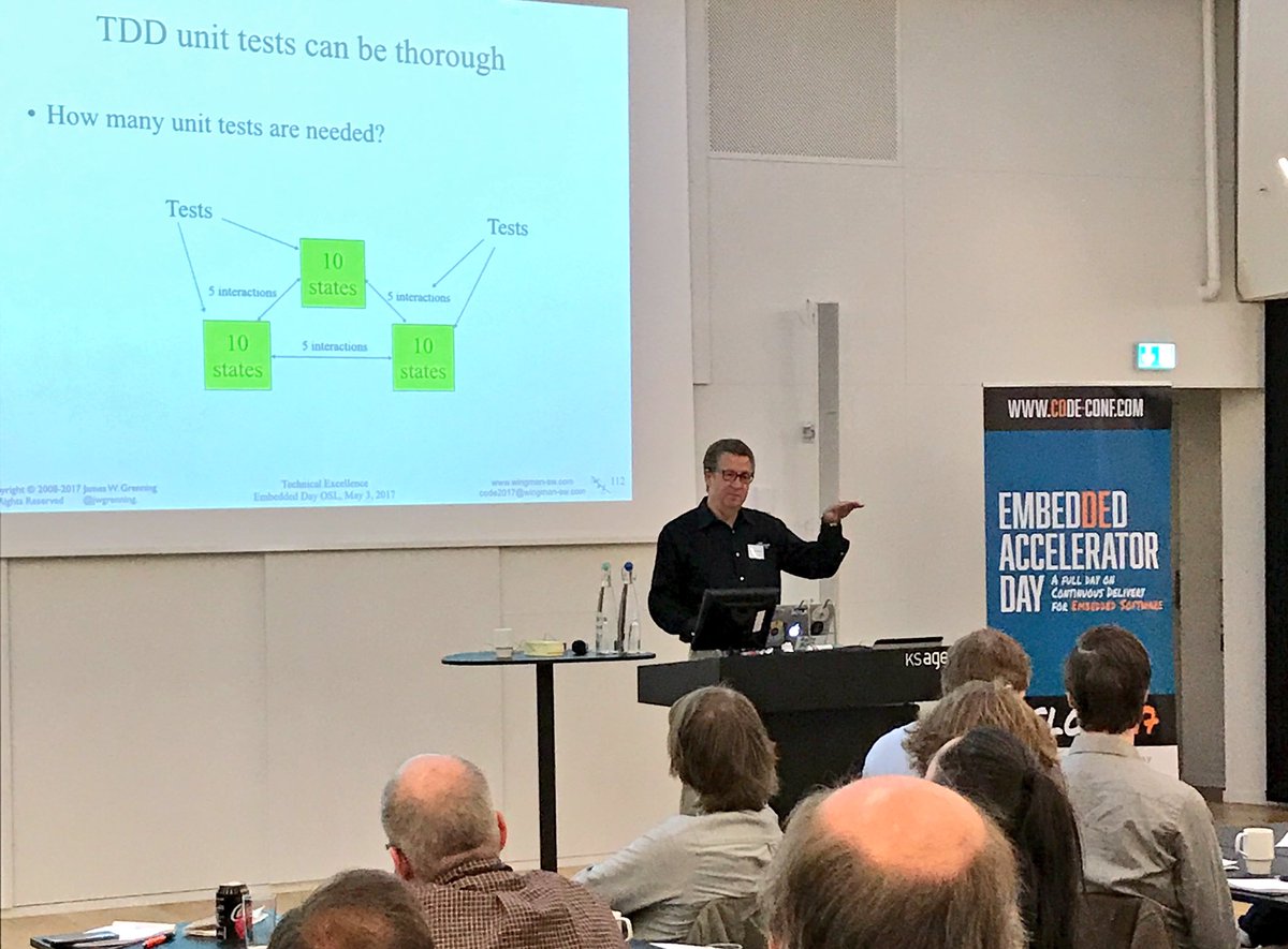 Praqma's tweet image. Technical excellence, you need it! Says @jwgrenning at #embeddedday - time to automate tests #TDD