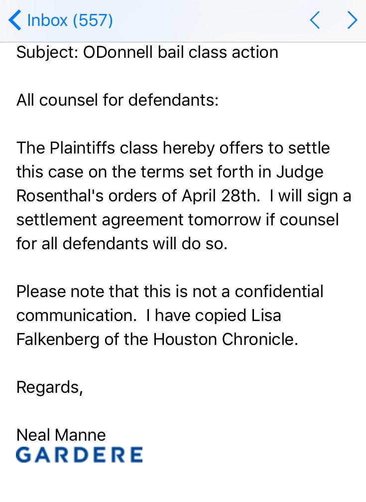 Update: plaintiff in class action poverty jailing case offers to settle if Harris County would just do what federal judge said. #txlege