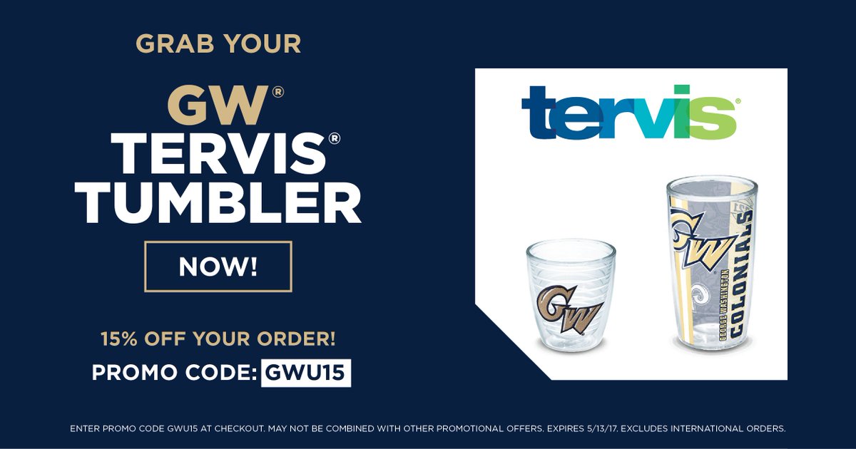 styleGW's tweet photo. GW, get 15% off your order now, at Tervis, w/ GWU15. Follow link &amp; click tumbler images to order: https://t.co/xlutCf1GNS
#GWU #GW #Tervis https://t.co/VFG1WpF7vO