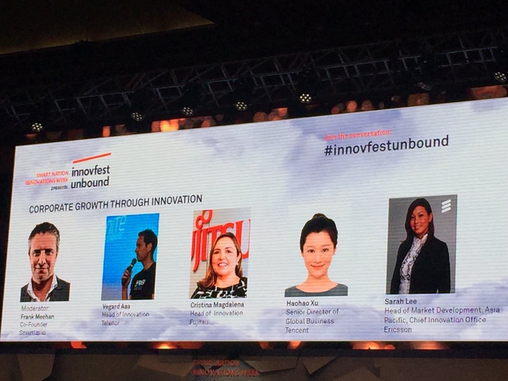 Fujitsu's corporate #innovation model involves a feedback loop frm biz innovation teams to its innovation labs on client needs #innohacks