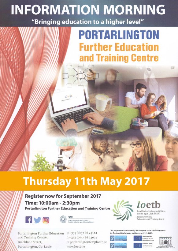 Open Day For 2017 Courses – Thursday 11th May
Portarlington Further Education and Training Centre would like to invite you to come along.