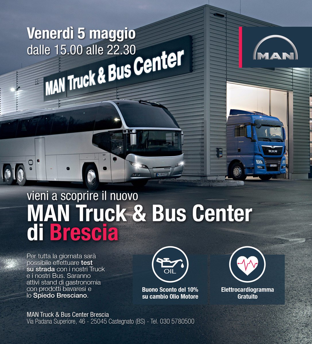 MANtruckbusIT's tweet photo. Venerdì 5 maggio dalle 15 alle 22.30 vieni a scoprire il nuovo #MANcenter di #Brescia!! 🍾🍰 #TRUCKLIFE #MANitalia https://t.co/Zt7OtcWkFm