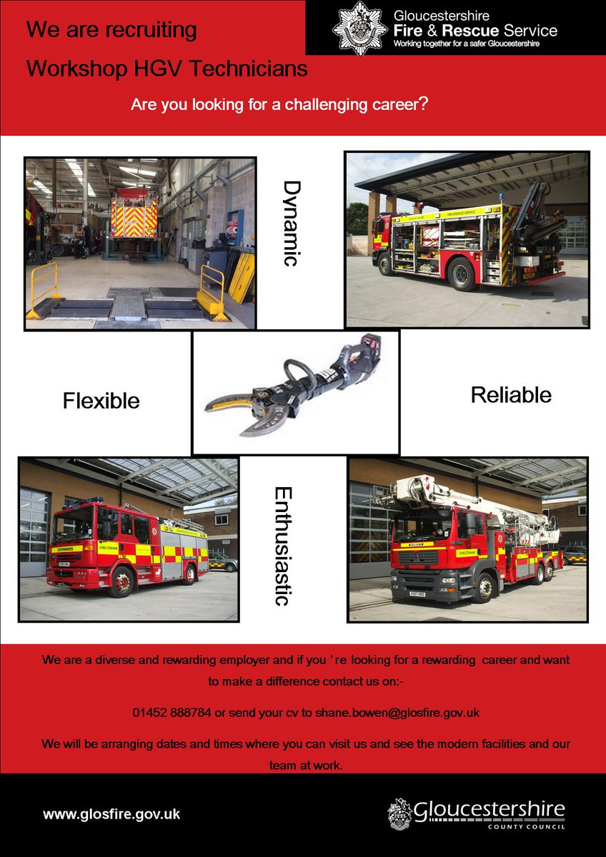 Glosfire's tweet photo. Gloucestershire Fire &amp; Rescue Service are recruiting workshop HGV Technicians. Closing date 21st May 2017. Please see poster for more info https://t.co/1fZi6h8hb5