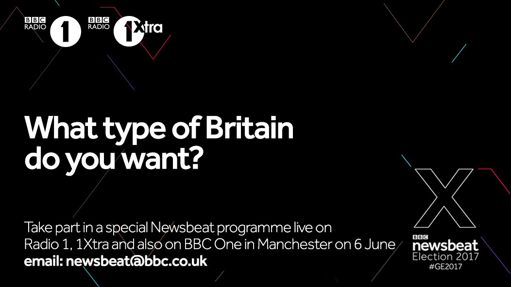 BBC Newsbeat (@bbcnewsbeat) on Twitter photo We'll be in Manchester on 6 June.
Take part in a special #GE2017 programme and have your voice heard.
📧: newsbeat@bbc.co.uk We'll be in Manchester on 6 June.
Take part in a special #GE2017 programme and have your voice heard.
📧: newsbeat@bbc.co.uk