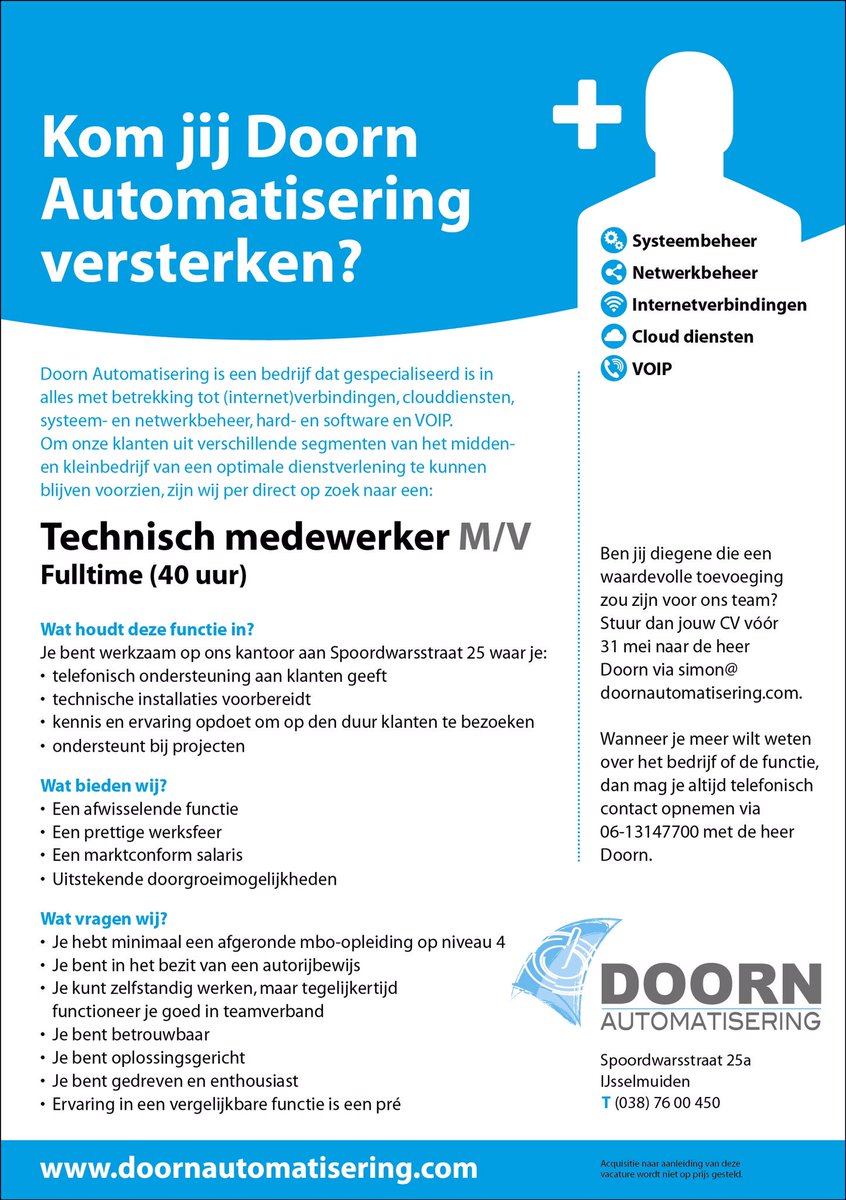 Door toenemende werkzaamheden zijn wij op zoek naar een nieuwe collega.
Kom jij ons versterken?
Delen word gewaardeerd!
