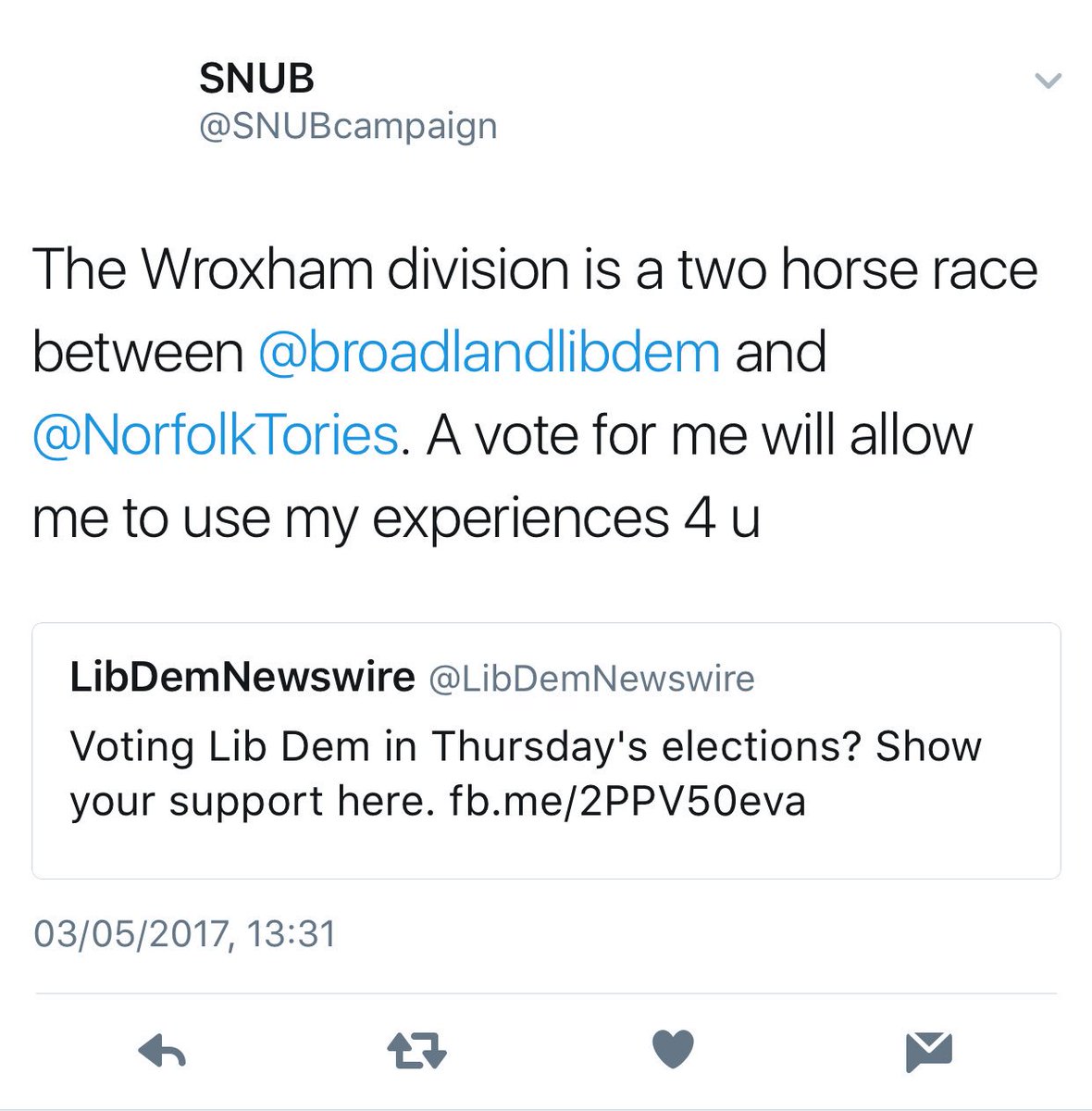 And there it is! <a href="/SHCONSULT12/">Stephen Heard</a> can't decide whether he's standing for <a href="/SNUBcampaign/">SNUB</a> or @broadlandlibdem in Wroxham!