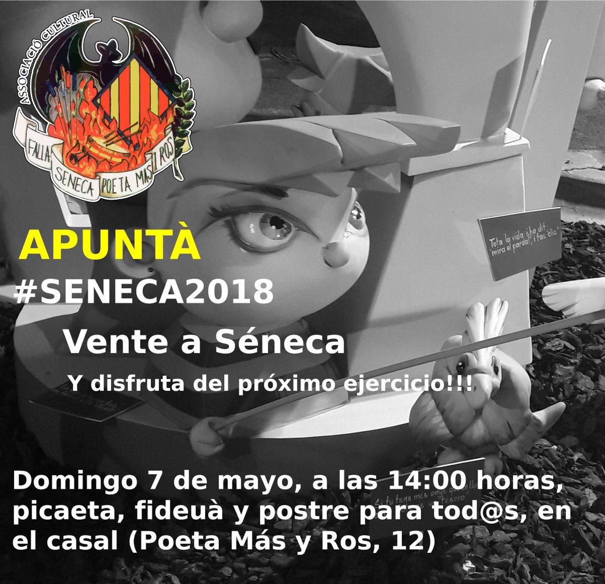 FallaSeneca's tweet image. Este domingo, #apuntà en #Séneca
La falla invita a todos los falleros/as al picoteo 🥜🥗🍟, la fideuà 🥘🥘 y el postre 🍨🍨
Nos  👀el domingo