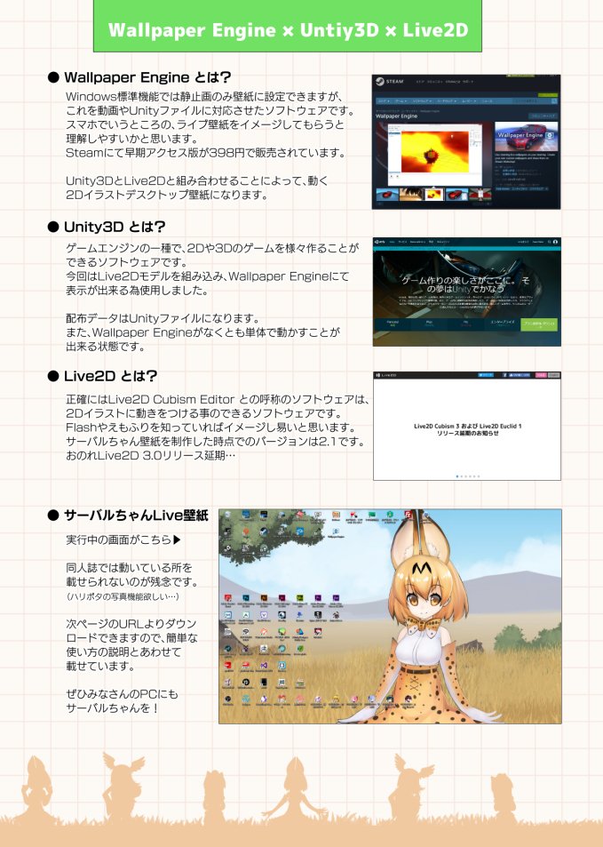 はちゃち Live2d Designer Vtuber Sur Twitter ギリギリの告知なってますが 5 5開催けものフレンズ同人即売会の フレンズチホー にサークル参加します フルカラーイラスト集とlive2d で動くサーバルちゃんデスクトップ壁紙あわせて500円です あまり部数