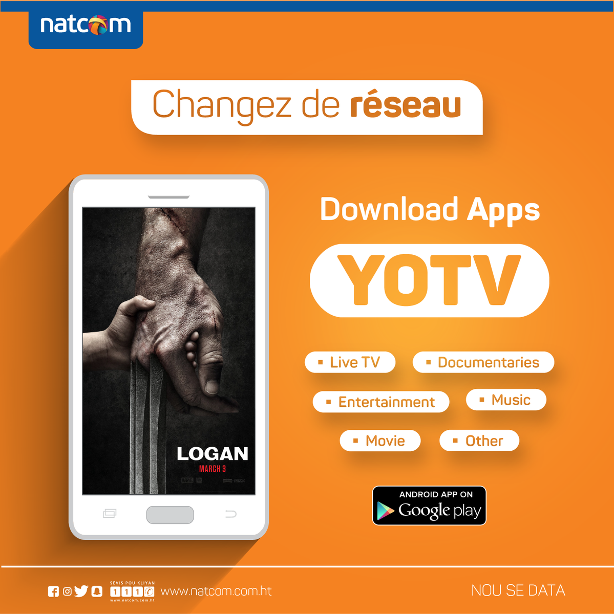 Ak "YOTV" sou telefon ou, match ou,fim ou,seri ou kelkeswa kotew ye ou paka rate yo! 
Telechaje aplikasyon #YOTV Natcom paw la kounyea.