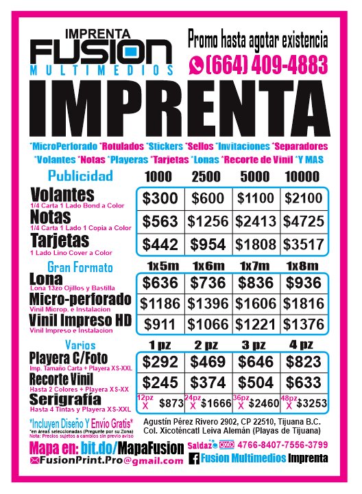 FusionMultimed's tweet image. Recibe tu impresión con solo una llamada ó mensaje por WhatsApp al 664 409-4883. Entregamos a todo tijuana.