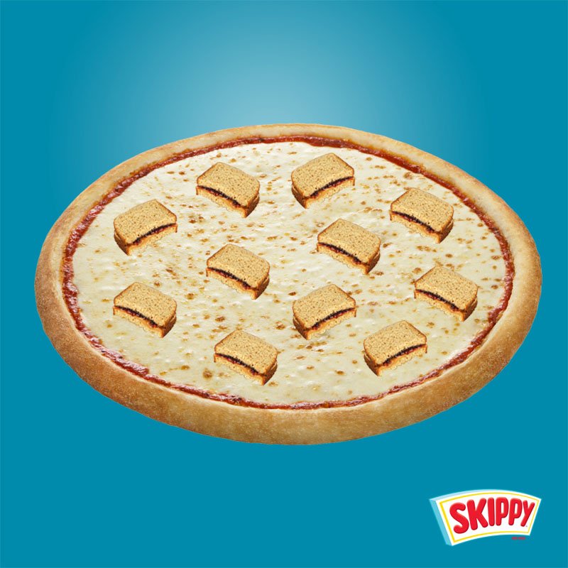 Skippy's tweet image. The internet can’t agree if pineapple on pizza is wrong. But everyone agrees PB&amp;amp;J on pizza is right, right?
