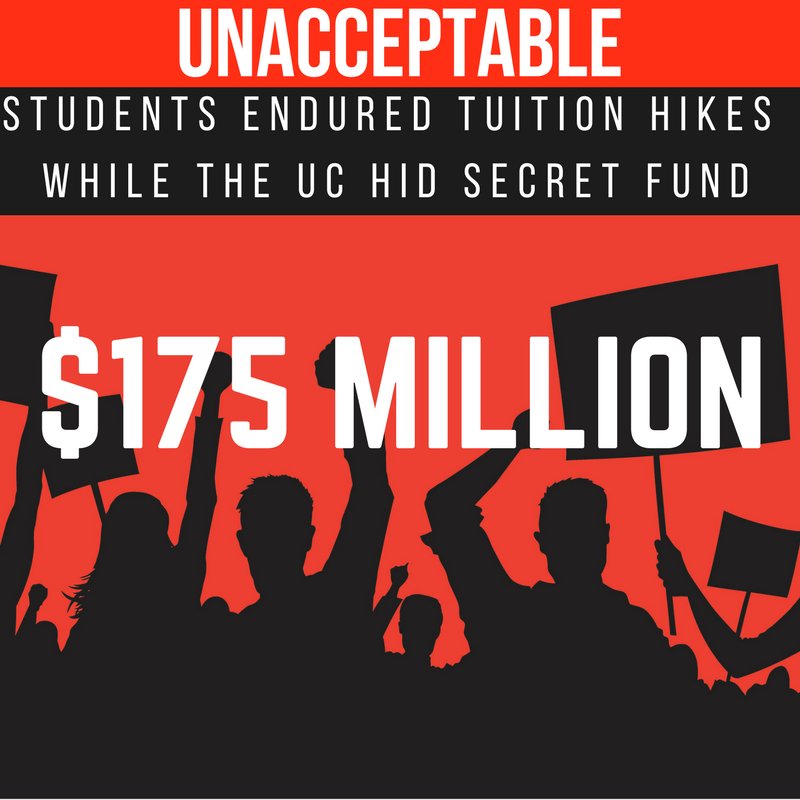 UC must be transparent concerning "hidden" $175 million in question. UC should freeze tuition increases. Students &amp; parents deserve better!