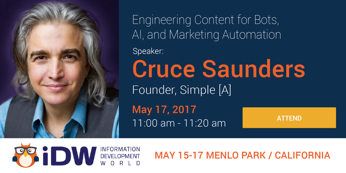 SimpleATeam's tweet photo. [A]'s founder @mrcruce talks on engineering #content for #Bots, AI, and Marketing Automation 5/17 at #Infodevworld https://t.co/ramaAwQmXK https://t.co/RWgpnz6Imv