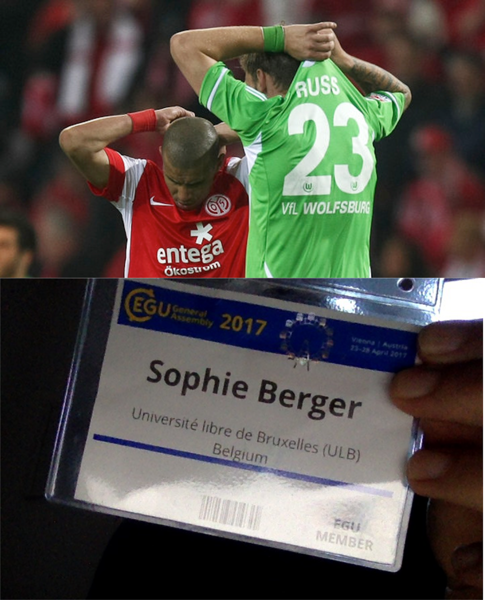 ReinhardDrews's tweet photo. Exchanging name tags at #EGU2017 is like exchanging jerseys after soccer. I got @SoBrgr, a glaciologist &amp; the Ronaldo of EGU communication! https://t.co/UVIgBeouT1