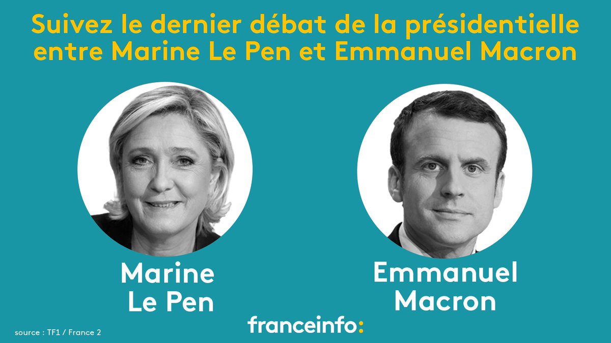 franceinfo's tweet photo. EN DIRECT. Suivez le débat de l'entre-deux-tours entre Marine Le Pen et Emmanuel Macron #2017LeDébat sur #franceinfo https://t.co/QuI7PZU4rW https://t.co/WiBNpRkaB2