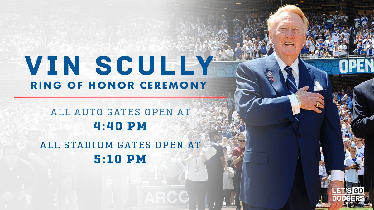 Be sure to arrive early tonight! Large crowd expected for #VIN's Dodger Stadium Ring of Honor pregame ceremony. atmlb.com/2pZoTS3