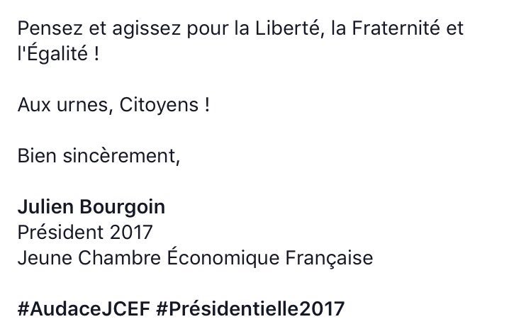 #AuxUrnesCitoyens Message de <a href="/bourgoinj/">Bourgoin Julien</a> aux membres de la <a href="/JCE_France/">jce_france</a> #Présidentielle2017 (5/5)