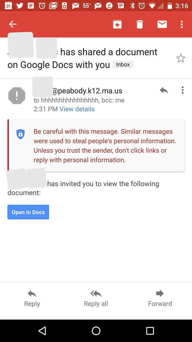 CdaSchools's tweet image. DO NOT open any email w/ &quot;...has shared a document on Google Docs with you&quot; in subject and sent to hhhhhhhhhhhhh@mailinator.com. #spamattack