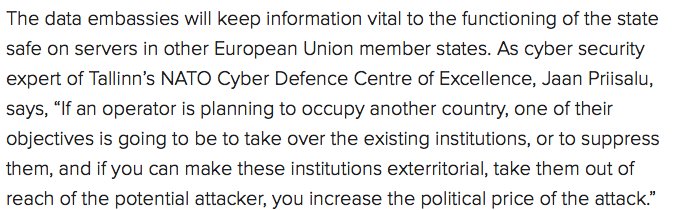 pmaldre's tweet image. For #Estonia, cyber security reinforces overall national security policy with the #DataEmbassy initiative news.err.ee/592384/first-d…