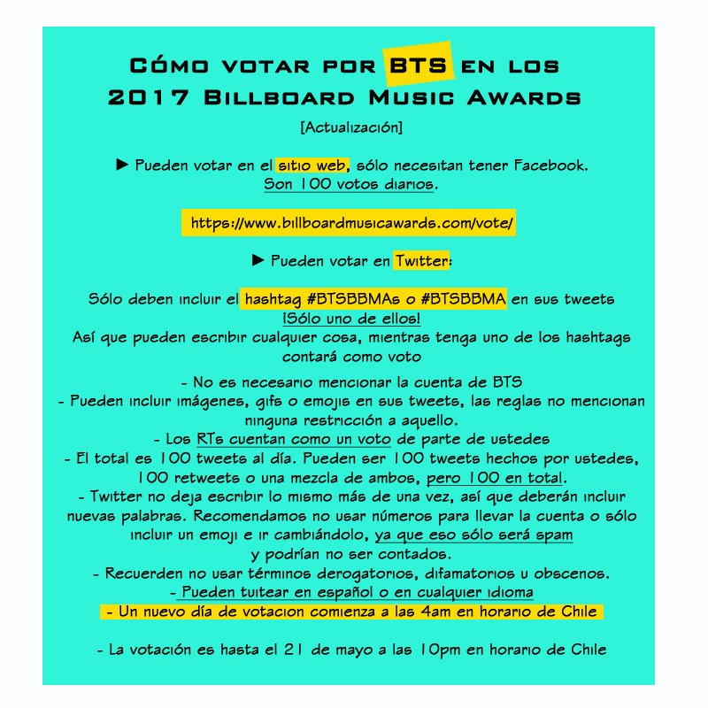 BTS_Chile's tweet photo. Aquí las indicaciones para que las tengan presentes #BTSBBMAs https://t.co/gg30RBBdX9