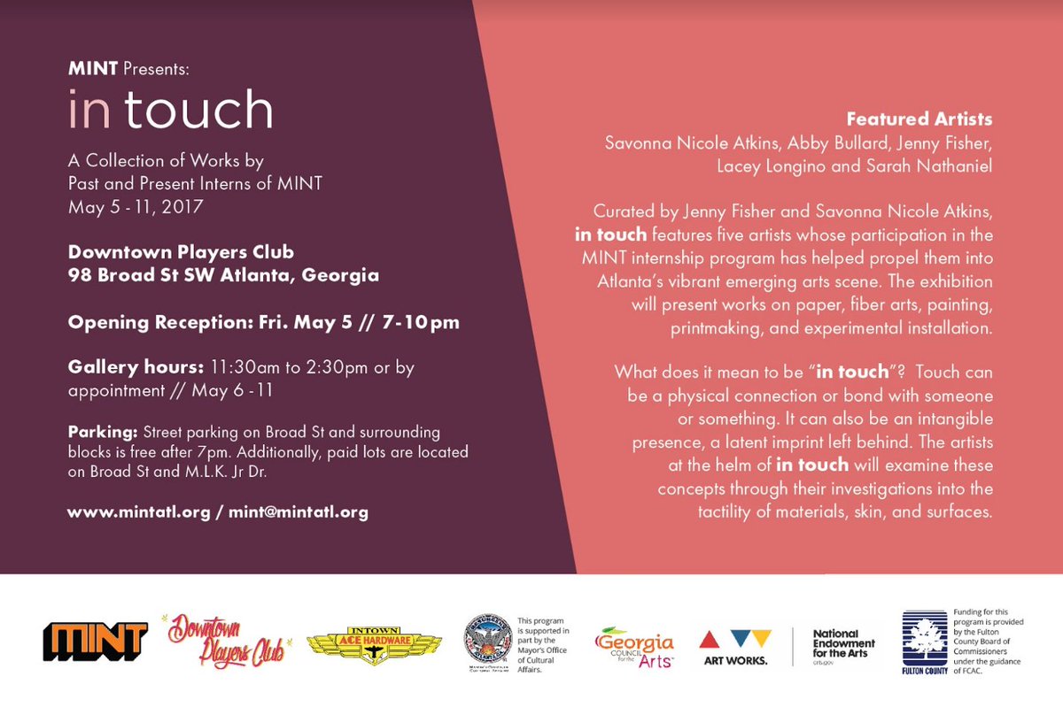 mintatl's tweet image. MINT is pleased to present InTouch, curated by current #MINTatl interns Jenny Fisher and Savonna Nicole Atkins. #intouch #mintern #groupshow