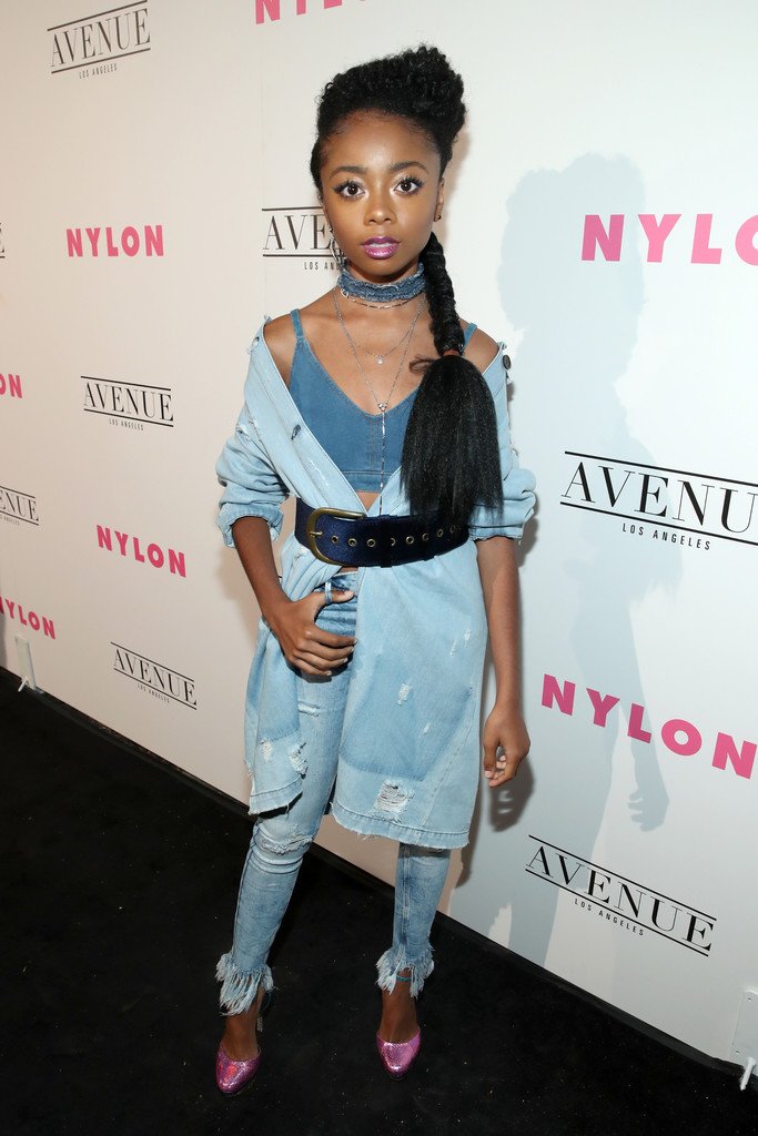 Skai Jackson wore a Zara jacket + jeans with a JBrand top & BrianAtwood ...