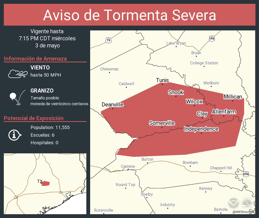 Aviso de Tormenta Severa incluye Somerville TX, Snook TX, Millican TX