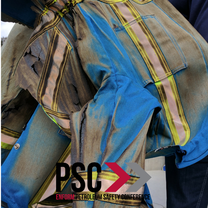 EnformSafety's tweet photo. Barely burned. Flame-resistant #PPE from @DuPont_News via Thermo-Man demo at #2017PSC. Be sure to check them out! #safety #oilandgas https://t.co/GKAED0XfKn