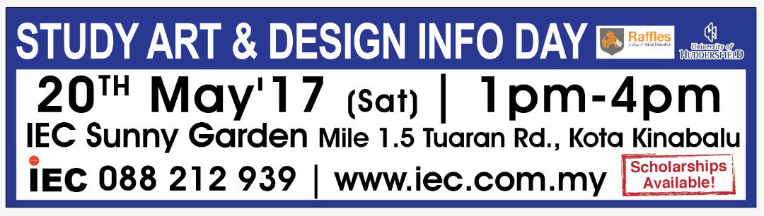 Come to our Study Art &amp; Design Info Day on 20/5/17 from 1-4pm.
#iecsabah #infoday #furtherstudies #college #university #kkcity #kotakinabalu